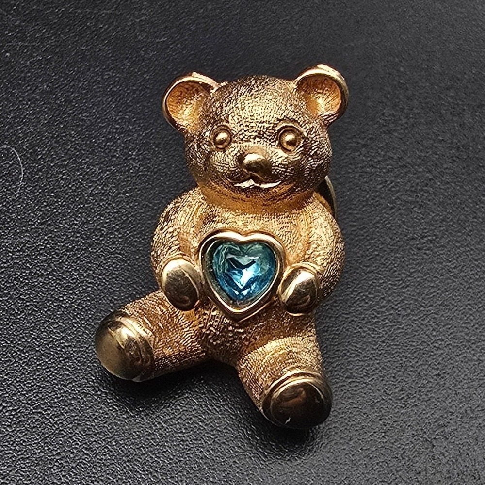 Avon Birthstone Teddy Bear Pin Blue Rhinestone Gold Tone March Vintage